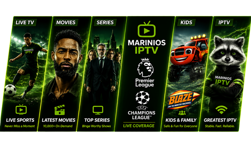 Marinios IPTV entertainment banner featuring live sports, movies, series, kids content, and IPTV streaming