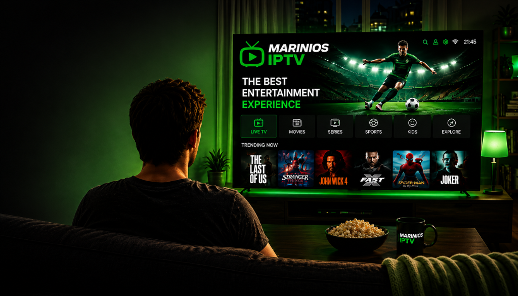 Marinios IPTV entertainment setup with smart TV, live sports, movies, and streaming interface