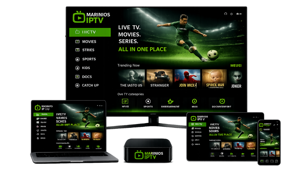 Marinios IPTV multi-device setup with Smart TV, laptop, tablet, smartphone, and streaming box