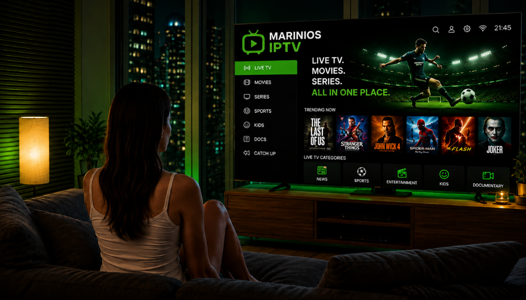 Marinios IPTV smart TV interface with live TV, movies, series, sports, and entertainment categories