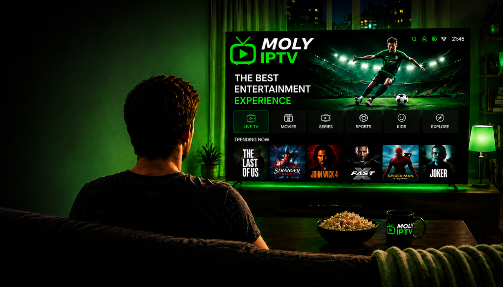 Moly IPTV entertainment setup with live TV, movies, sports, and streaming interface