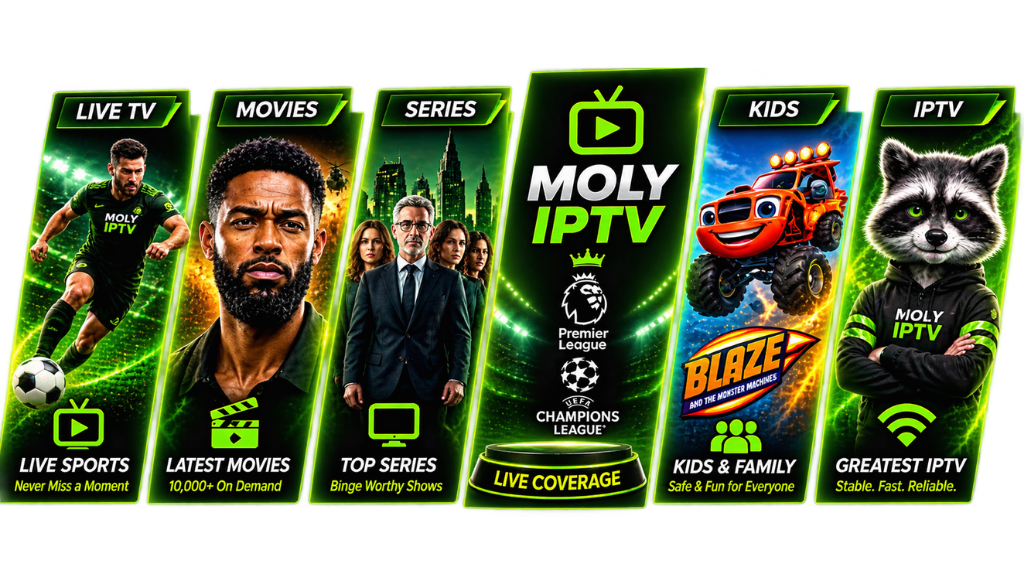 Moly IPTV promotional graphic featuring live sports, movies, series, kids content, and IPTV streaming
