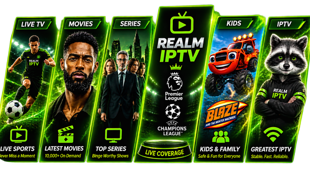 Realm IPTV promotional graphic featuring live TV, movies, series, kids entertainment, sports, and IPTV streaming