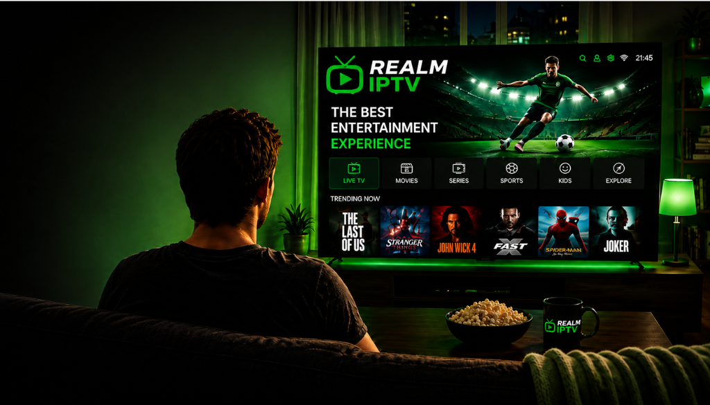 Realm IPTV entertainment setup with live TV, movies, sports, and streaming on a large screen