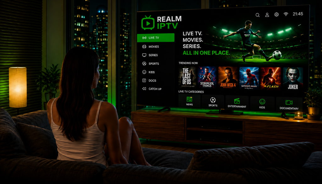 Realm IPTV interface displayed on a TV with live TV, movies, series, sports, and entertainment categories