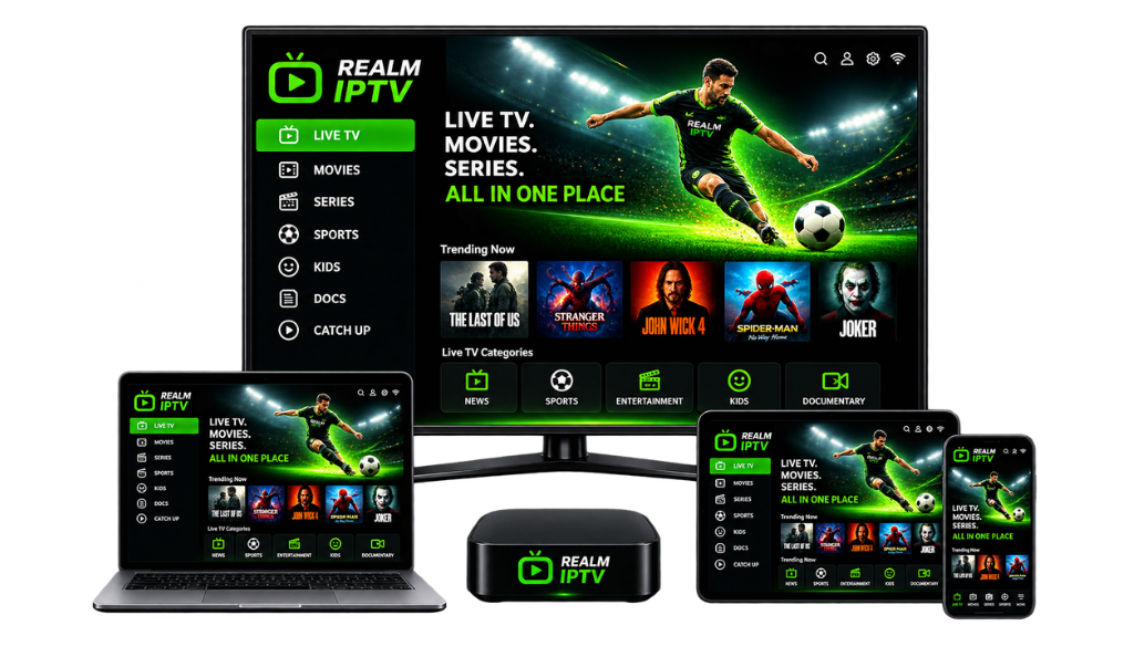 Realm IPTV streaming platform displayed across a TV, laptop, tablet, smartphone, and streaming device