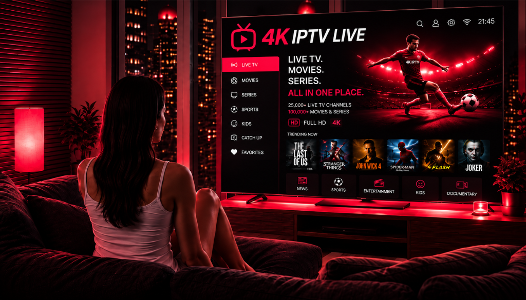 4K IPTV LIVE streaming interface displayed on a TV with live TV, movies, series, sports, and entertainment