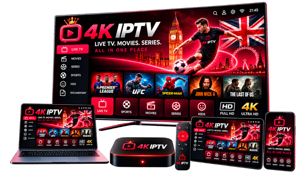 4K IPTV streaming setup on TV, laptop, tablet, smartphone, and streaming box with UK-themed interface