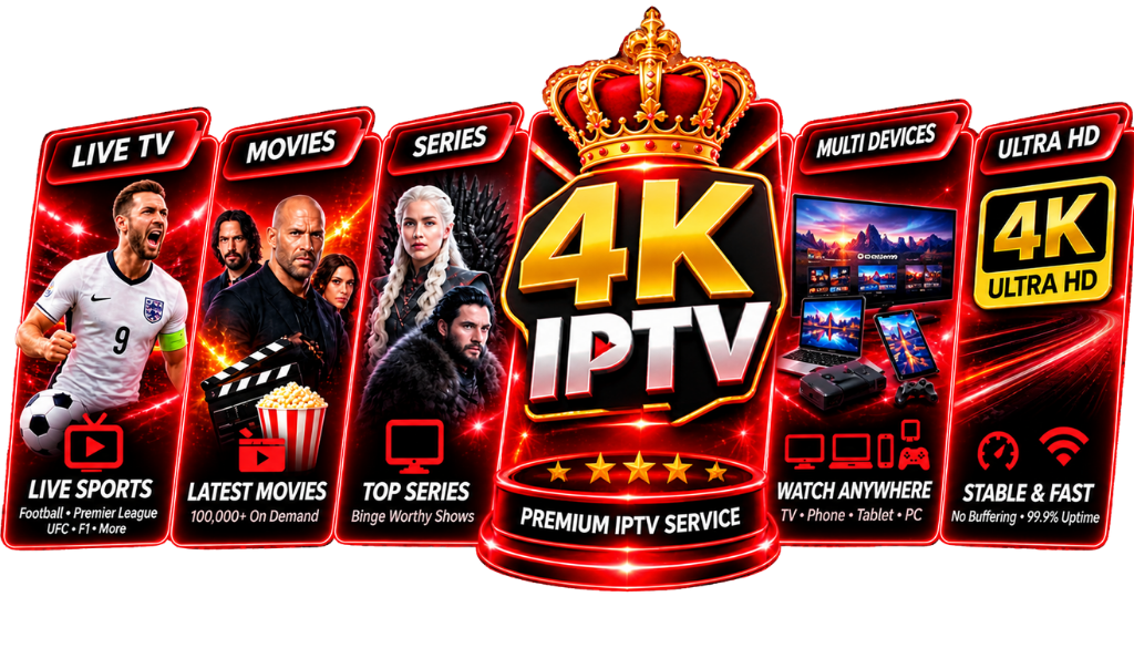 4K IPTV premium service graphic featuring live TV, movies, series, multi-device streaming, and Ultra HD